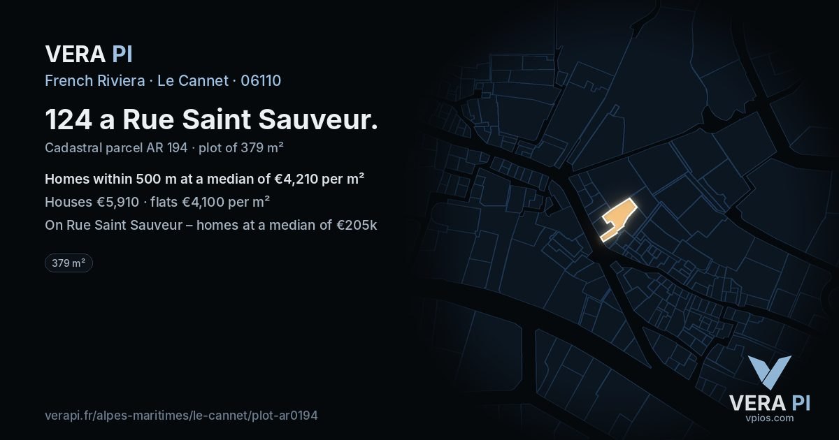 124 a Rue Saint Sauveur, Le Cannet at night – the plot lit, the parcels around coloured by the prices near them
