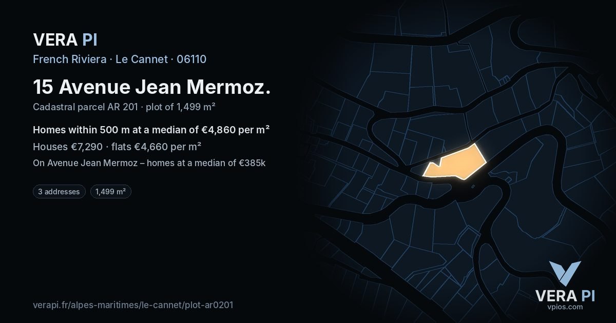 15 Avenue Jean Mermoz, Le Cannet at night – the plot lit, the parcels around coloured by the prices near them