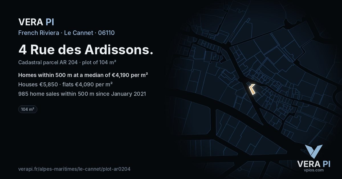 4 Rue des Ardissons, Le Cannet at night – the plot lit, the parcels around coloured by the prices near them