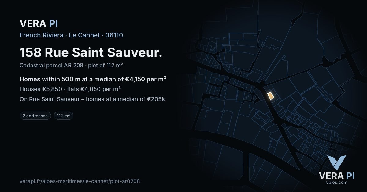 158 Rue Saint Sauveur, Le Cannet at night – the plot lit, the parcels around coloured by the prices near them