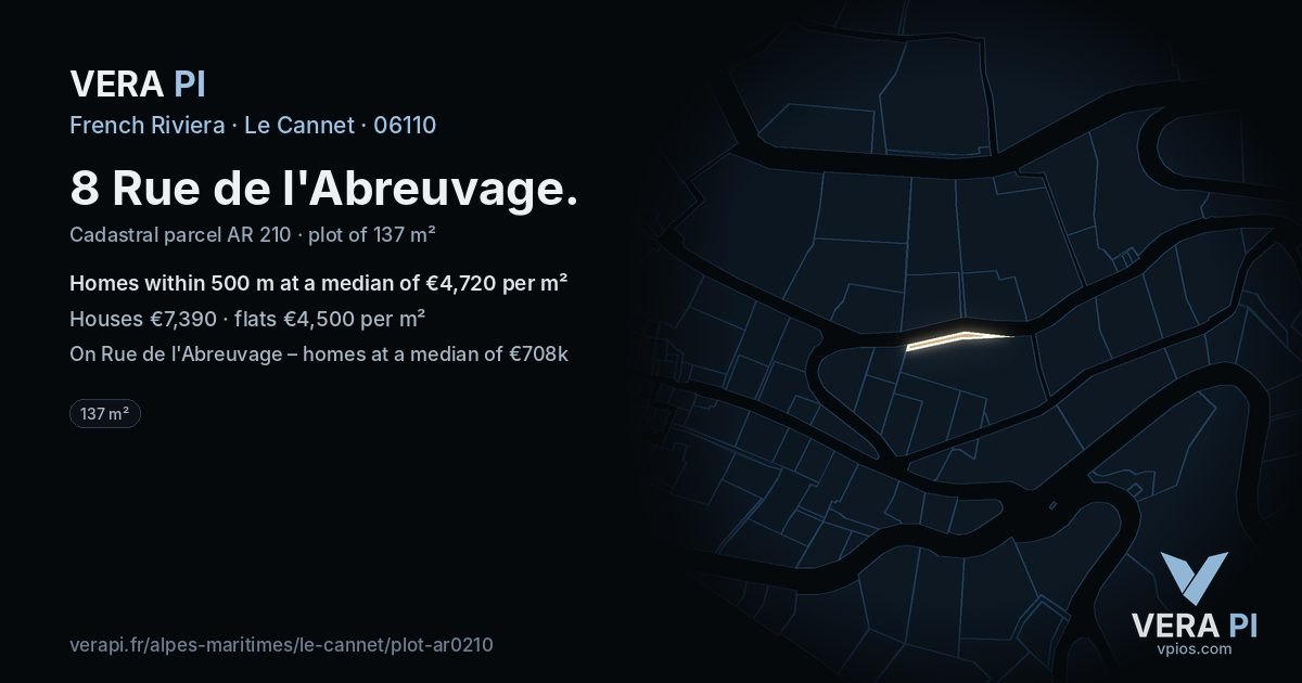 8 Rue de l'Abreuvage, Le Cannet at night – the plot lit, the parcels around coloured by the prices near them