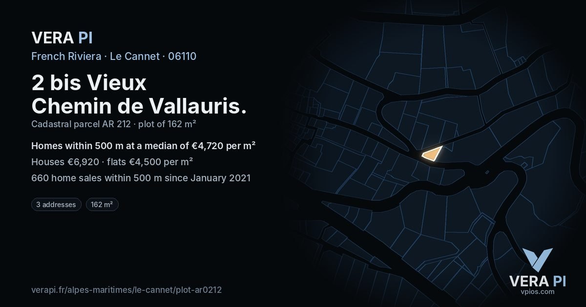 2 bis Vieux Chemin de Vallauris, Le Cannet at night – the plot lit, the parcels around coloured by the prices near them