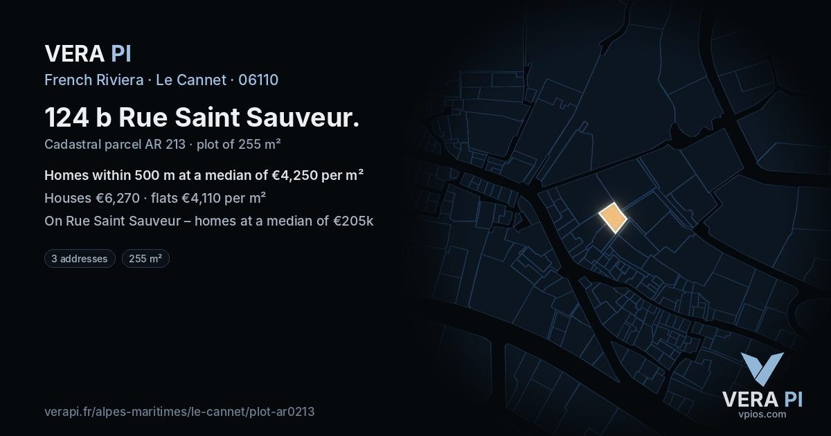 124 b Rue Saint Sauveur, Le Cannet at night – the plot lit, the parcels around coloured by the prices near them