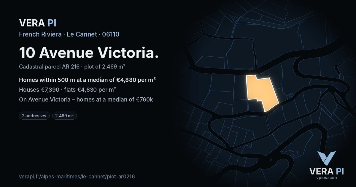 10 Avenue Victoria, Le Cannet at night – the plot lit, the parcels around coloured by the prices near them
