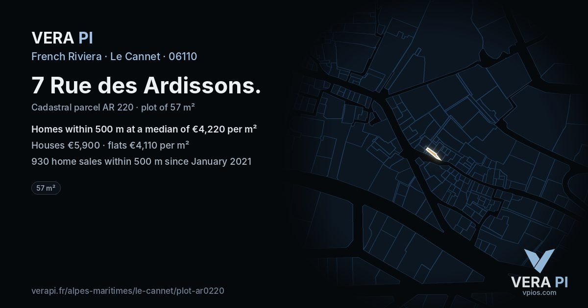 7 Rue des Ardissons, Le Cannet at night – the plot lit, the parcels around coloured by the prices near them