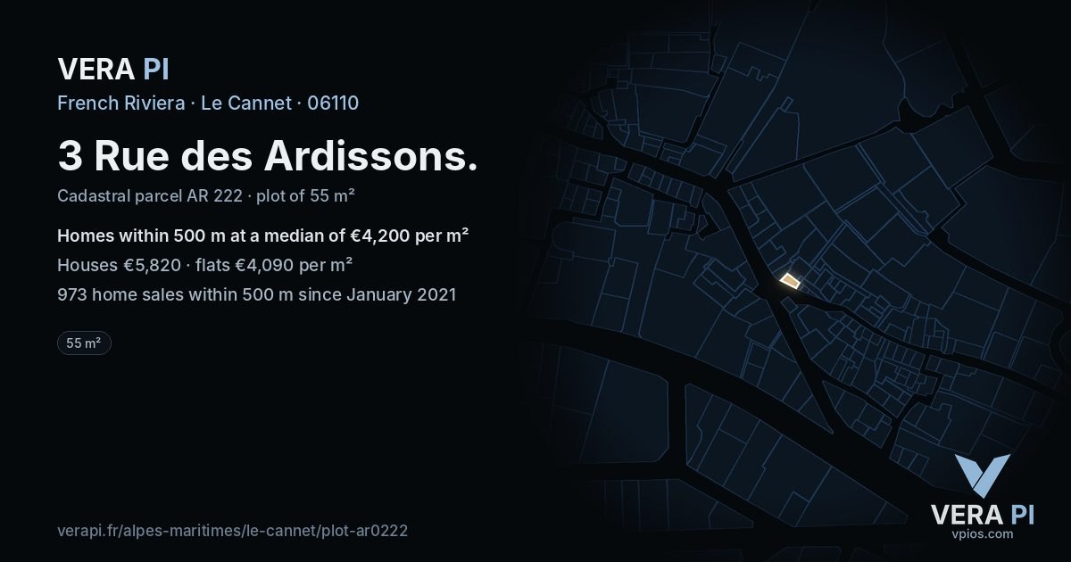 3 Rue des Ardissons, Le Cannet at night – the plot lit, the parcels around coloured by the prices near them