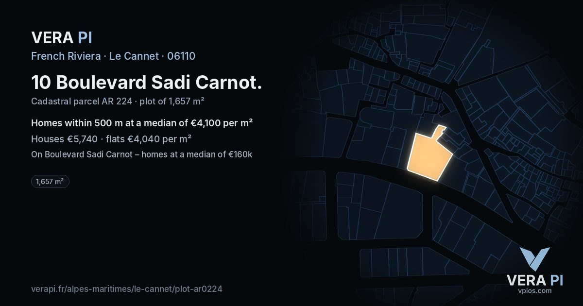 10 Boulevard Sadi Carnot, Le Cannet at night – the plot lit, the parcels around coloured by the prices near them
