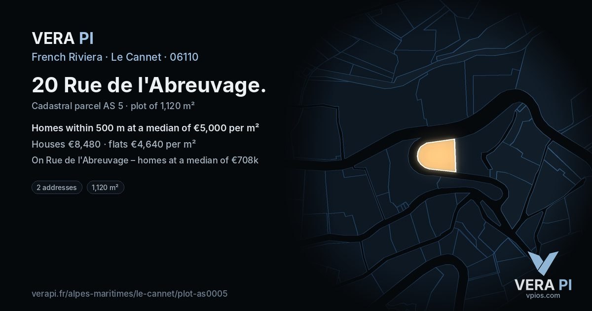 20 Rue de l'Abreuvage, Le Cannet at night – the plot lit, the parcels around coloured by the prices near them