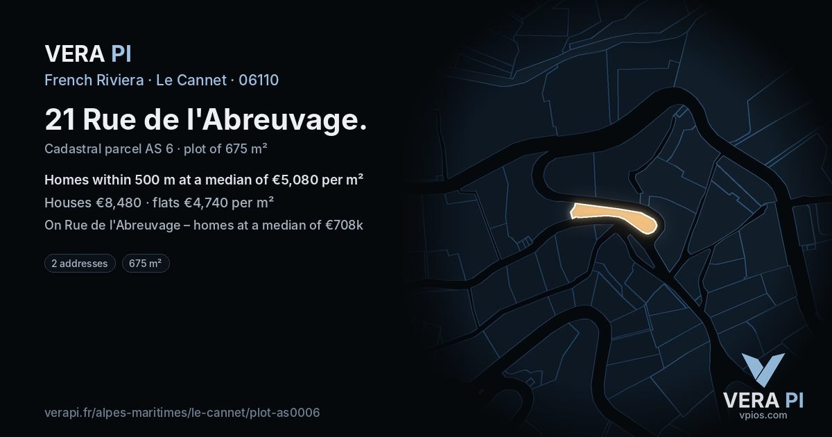 21 Rue de l'Abreuvage, Le Cannet at night – the plot lit, the parcels around coloured by the prices near them