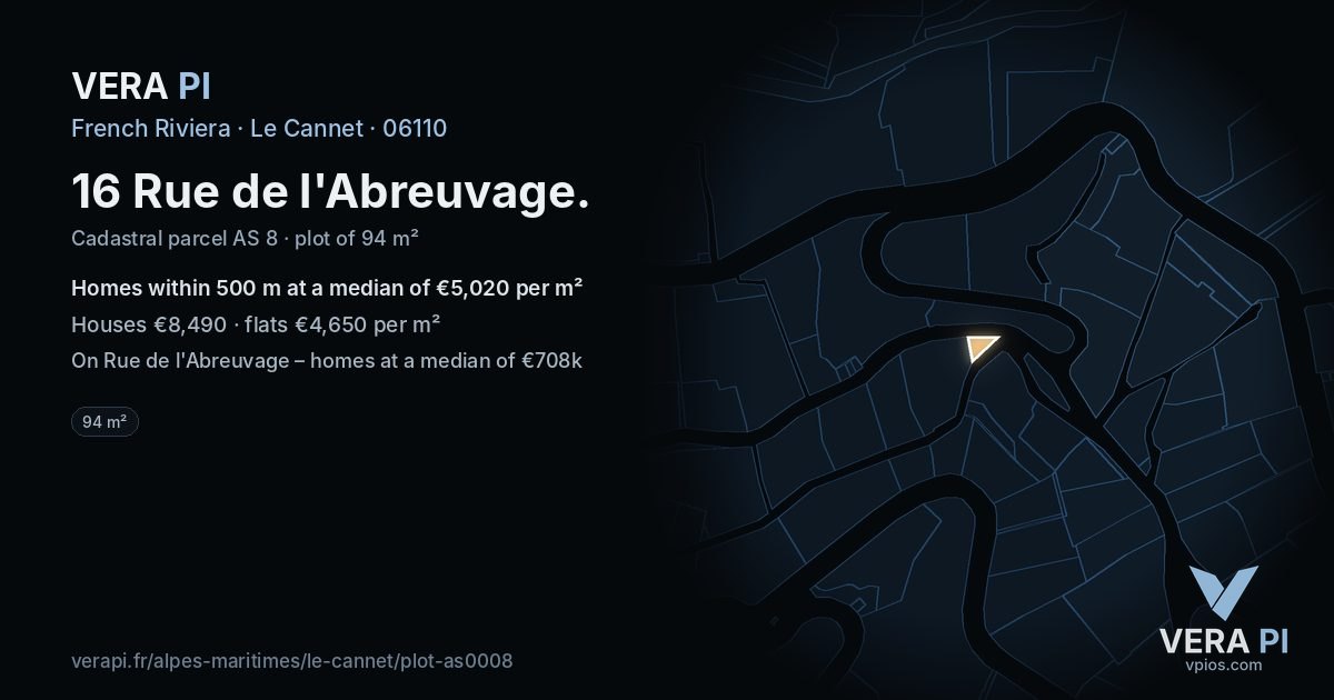 16 Rue de l'Abreuvage, Le Cannet at night – the plot lit, the parcels around coloured by the prices near them
