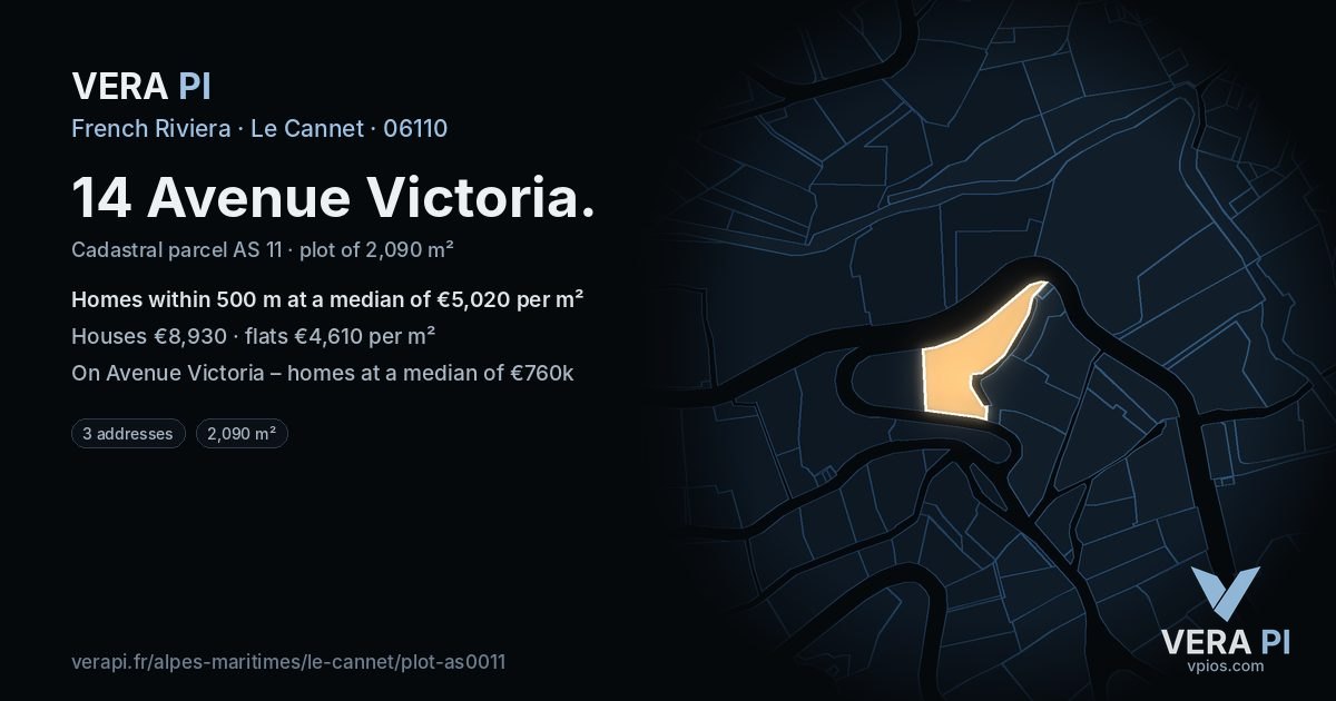 14 Avenue Victoria, Le Cannet at night – the plot lit, the parcels around coloured by the prices near them