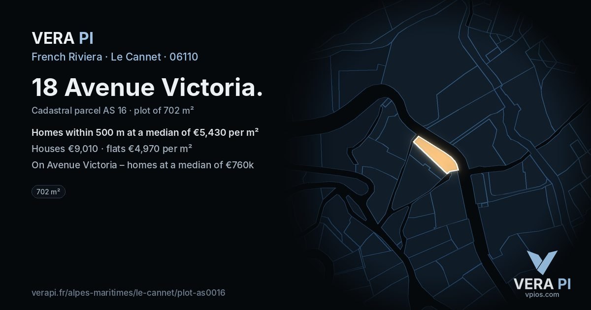 18 Avenue Victoria, Le Cannet at night – the plot lit, the parcels around coloured by the prices near them
