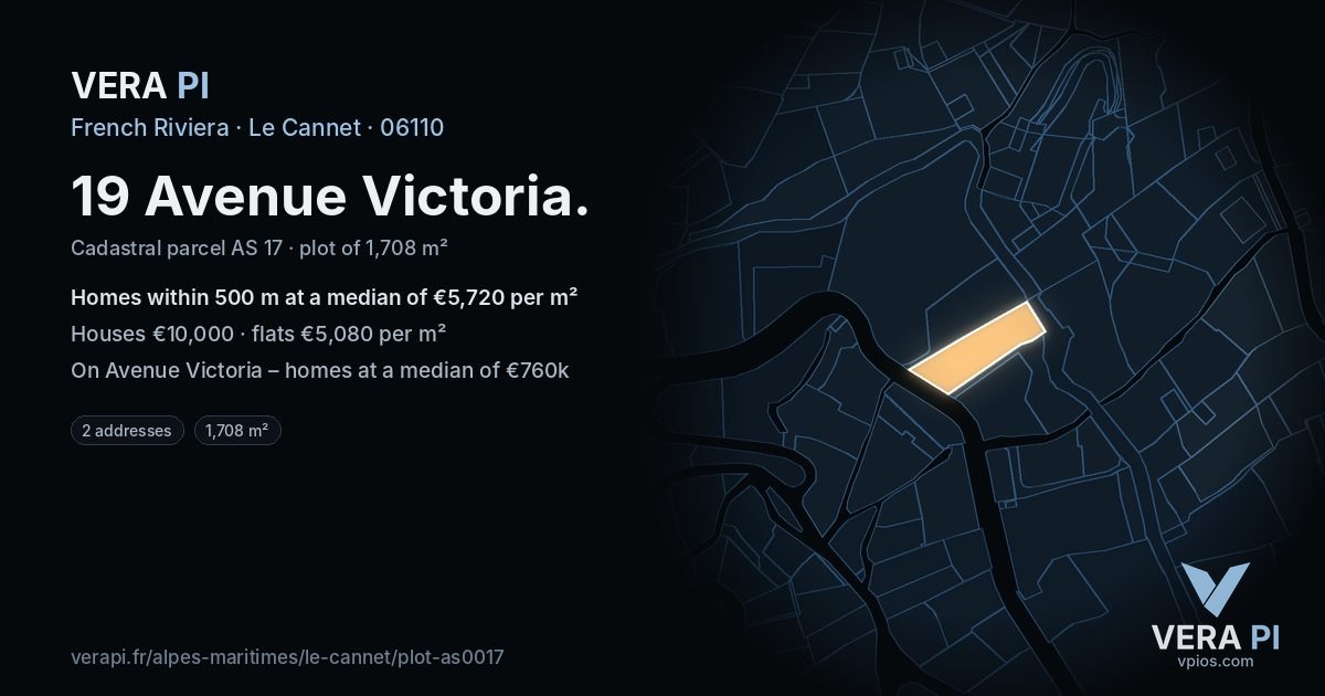 19 Avenue Victoria, Le Cannet at night – the plot lit, the parcels around coloured by the prices near them