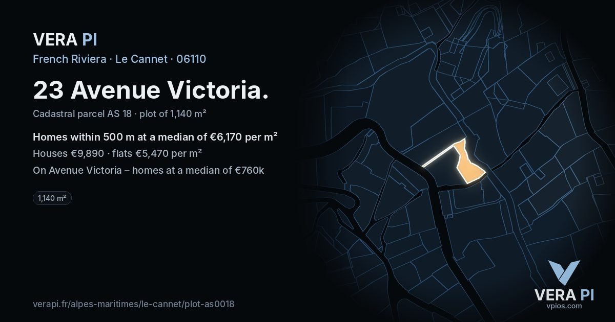 23 Avenue Victoria, Le Cannet at night – the plot lit, the parcels around coloured by the prices near them