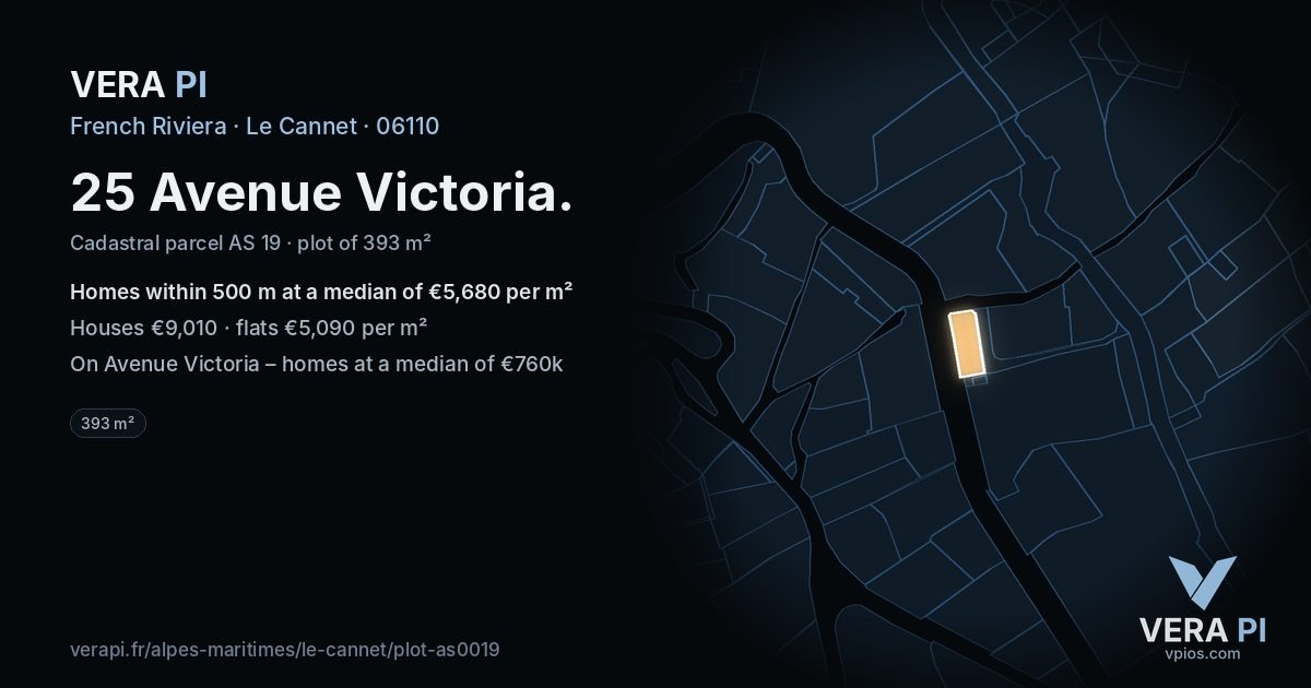 25 Avenue Victoria, Le Cannet at night – the plot lit, the parcels around coloured by the prices near them