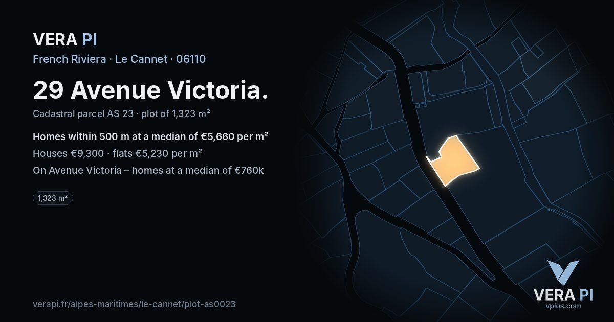 29 Avenue Victoria, Le Cannet at night – the plot lit, the parcels around coloured by the prices near them
