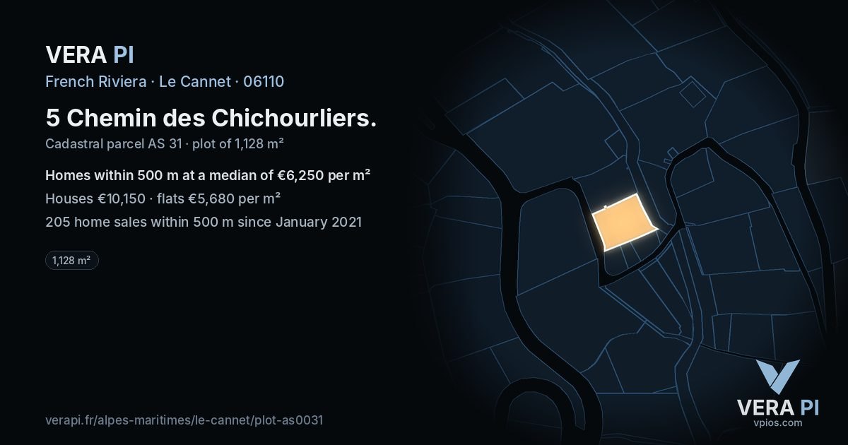 5 Chemin des Chichourliers, Le Cannet at night – the plot lit, the parcels around coloured by the prices near them