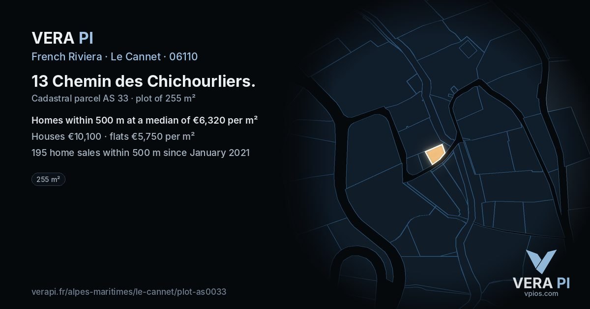 13 Chemin des Chichourliers, Le Cannet at night – the plot lit, the parcels around coloured by the prices near them