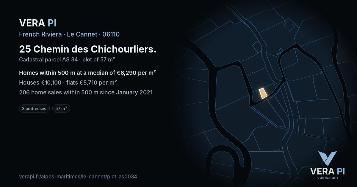 25 Chemin des Chichourliers, Le Cannet at night – the plot lit, the parcels around coloured by the prices near them