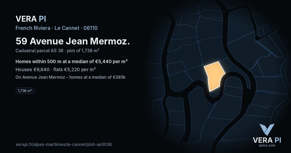 59 Avenue Jean Mermoz, Le Cannet at night – the plot lit, the parcels around coloured by the prices near them