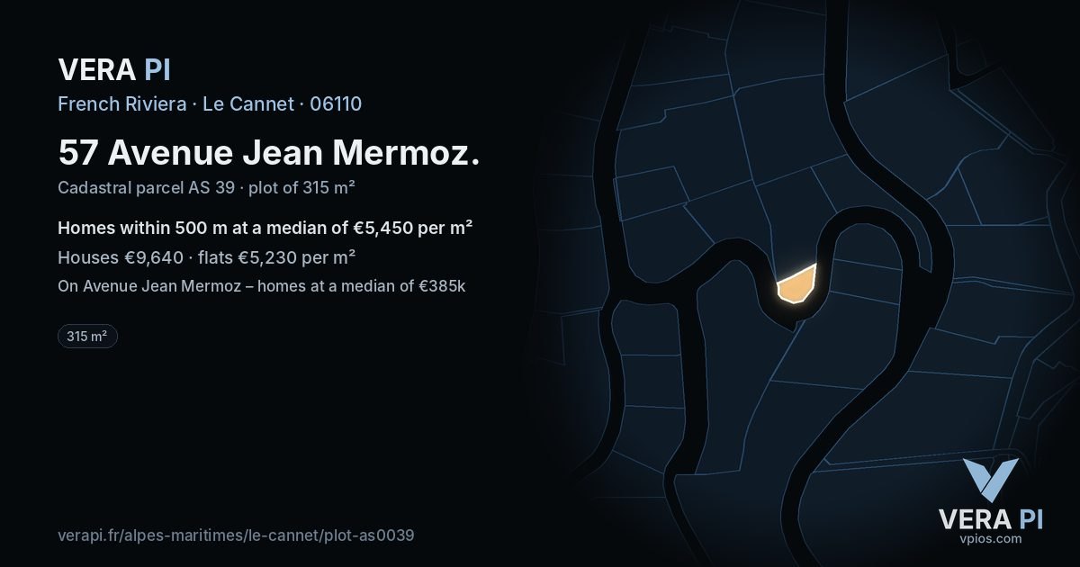 57 Avenue Jean Mermoz, Le Cannet at night – the plot lit, the parcels around coloured by the prices near them