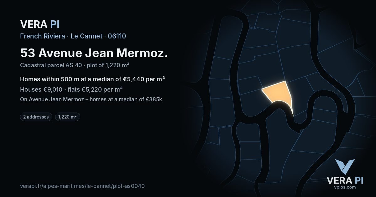 53 Avenue Jean Mermoz, Le Cannet at night – the plot lit, the parcels around coloured by the prices near them
