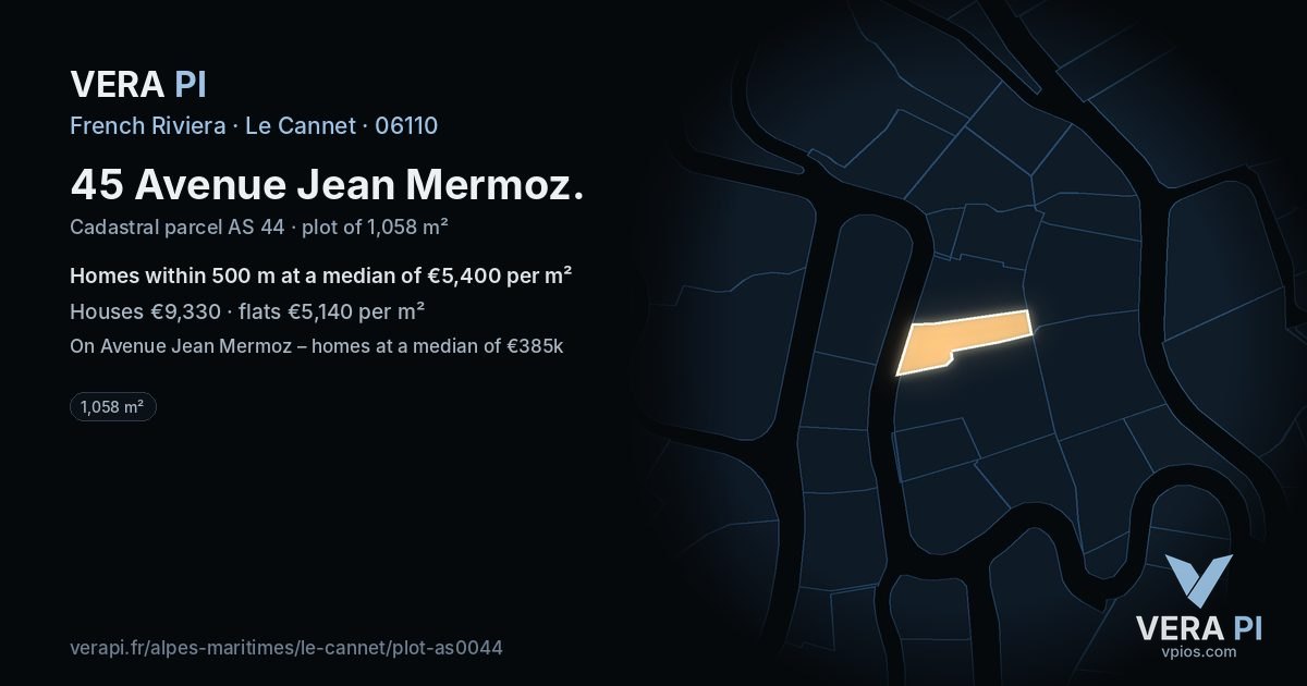 45 Avenue Jean Mermoz, Le Cannet at night – the plot lit, the parcels around coloured by the prices near them