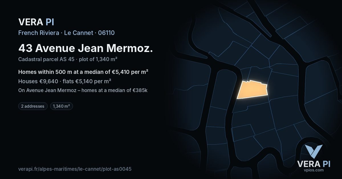 43 Avenue Jean Mermoz, Le Cannet at night – the plot lit, the parcels around coloured by the prices near them