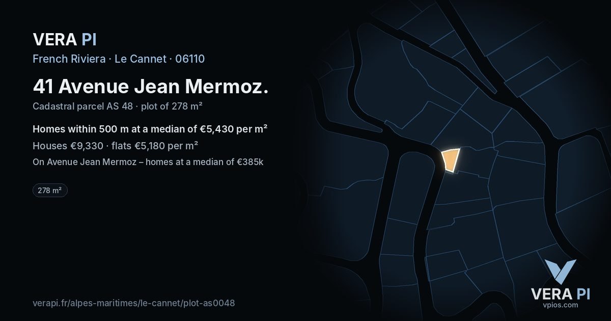 41 Avenue Jean Mermoz, Le Cannet at night – the plot lit, the parcels around coloured by the prices near them