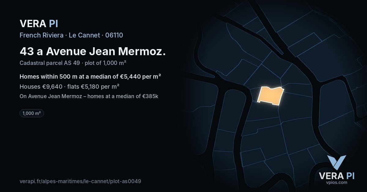 43 a Avenue Jean Mermoz, Le Cannet at night – the plot lit, the parcels around coloured by the prices near them