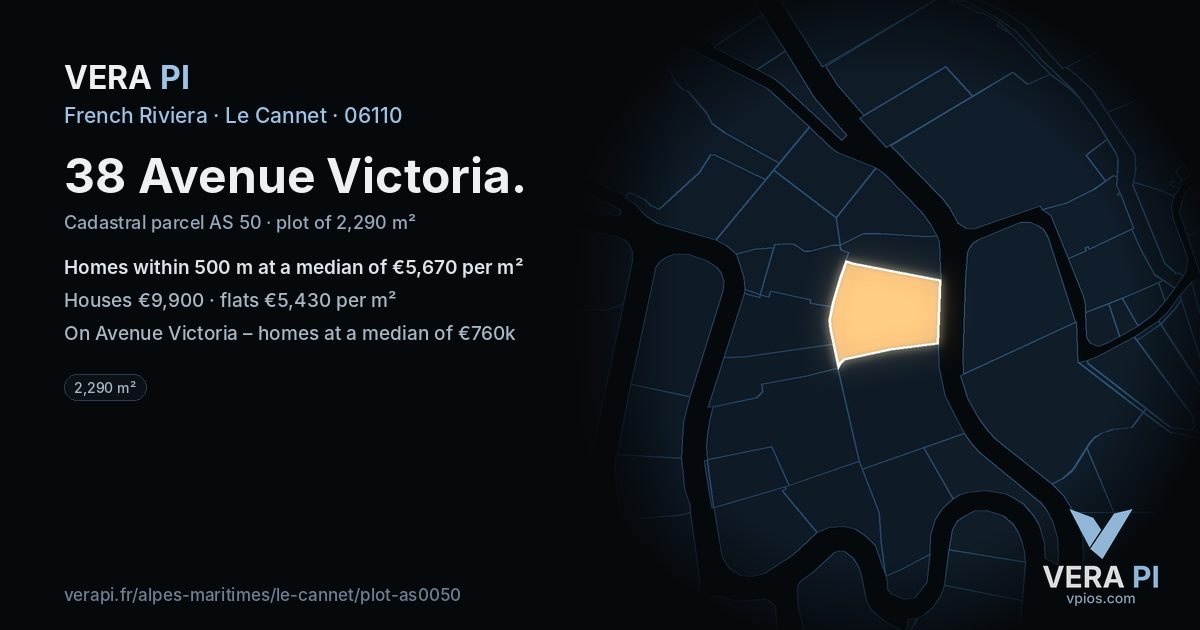 38 Avenue Victoria, Le Cannet at night – the plot lit, the parcels around coloured by the prices near them