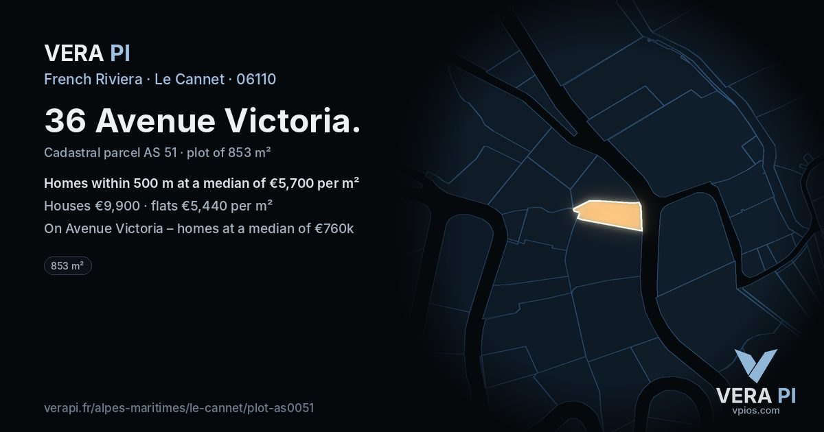36 Avenue Victoria, Le Cannet at night – the plot lit, the parcels around coloured by the prices near them