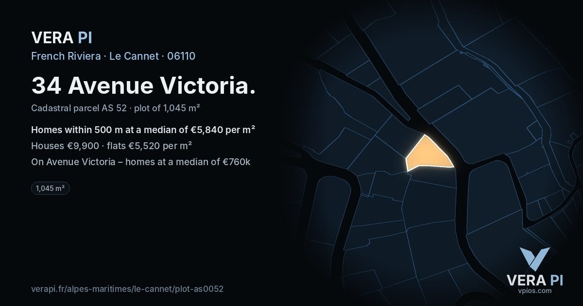34 Avenue Victoria, Le Cannet at night – the plot lit, the parcels around coloured by the prices near them