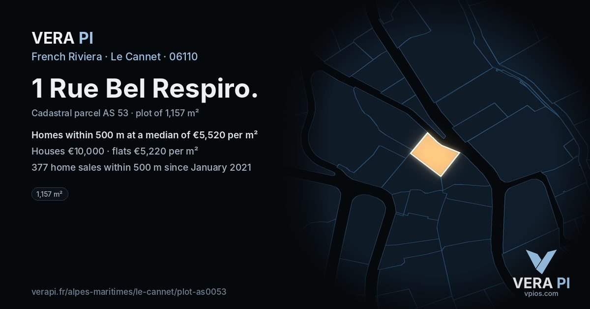 1 Rue Bel Respiro, Le Cannet at night – the plot lit, the parcels around coloured by the prices near them