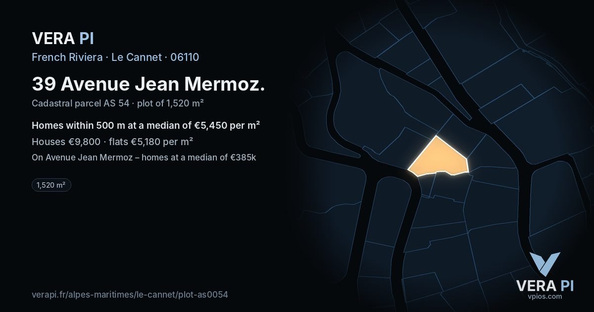 39 Avenue Jean Mermoz, Le Cannet at night – the plot lit, the parcels around coloured by the prices near them