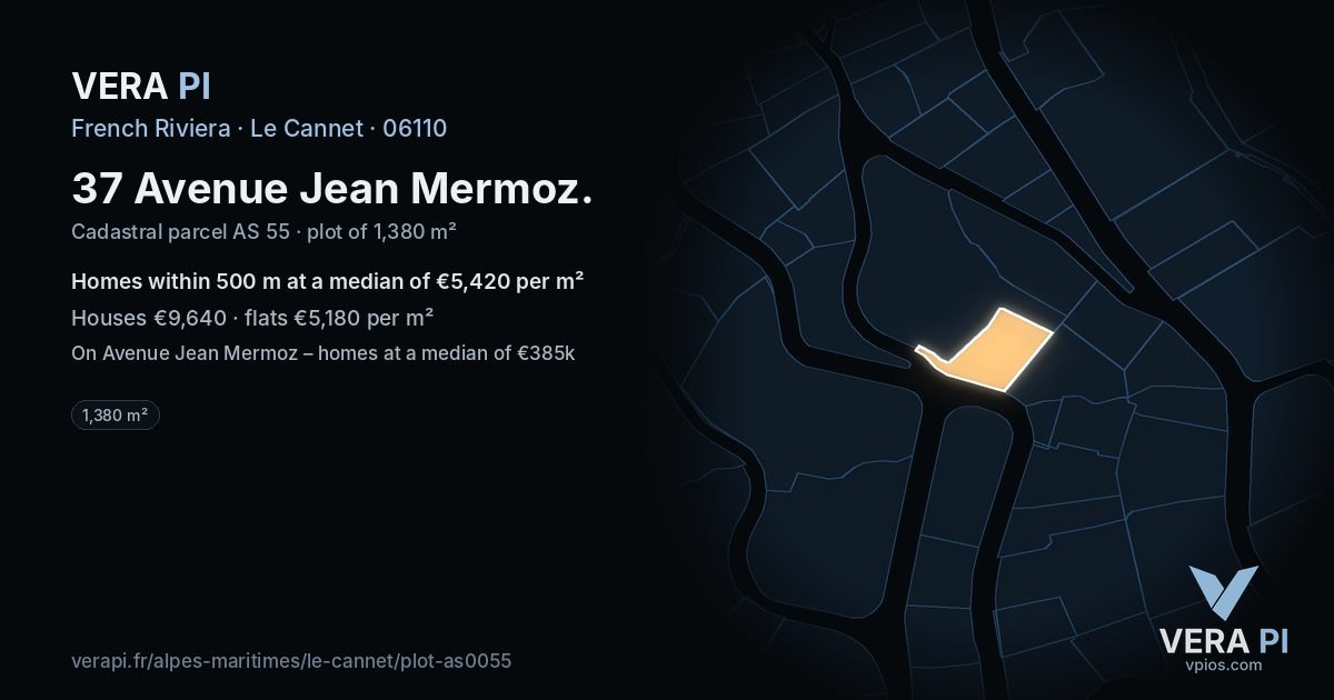 37 Avenue Jean Mermoz, Le Cannet at night – the plot lit, the parcels around coloured by the prices near them