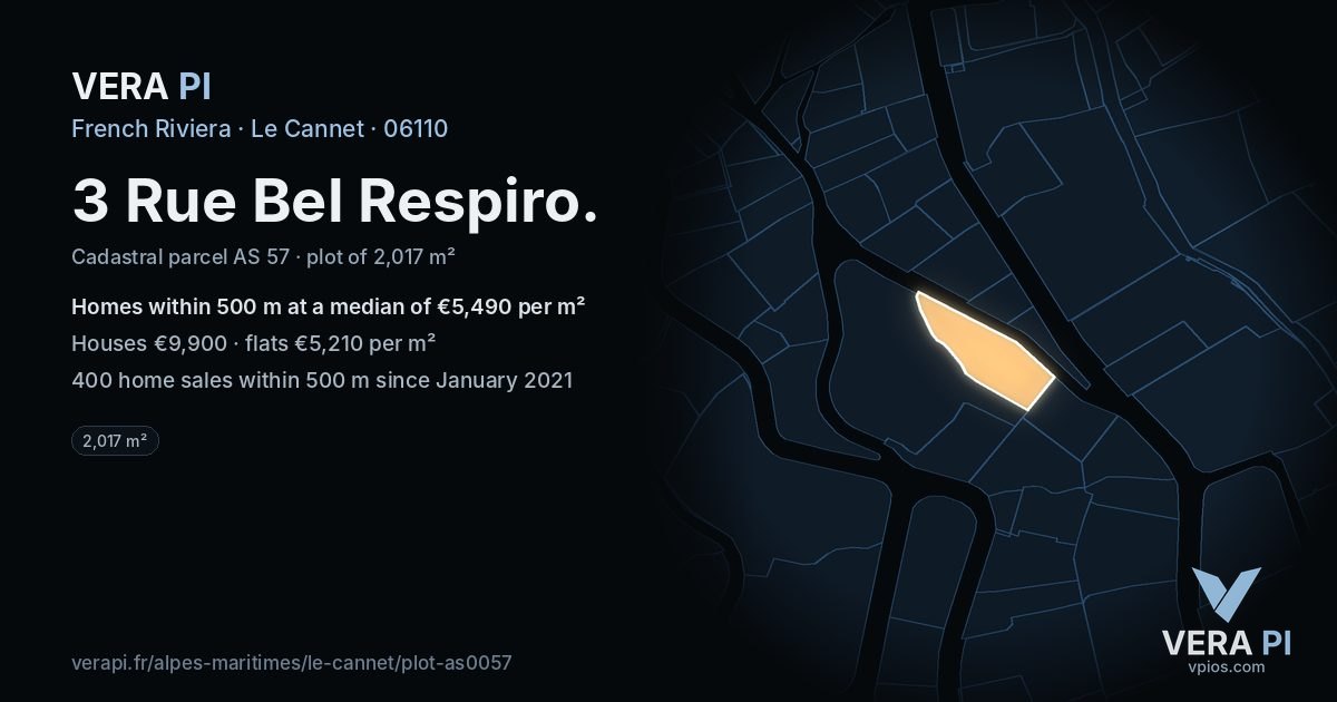 3 Rue Bel Respiro, Le Cannet at night – the plot lit, the parcels around coloured by the prices near them