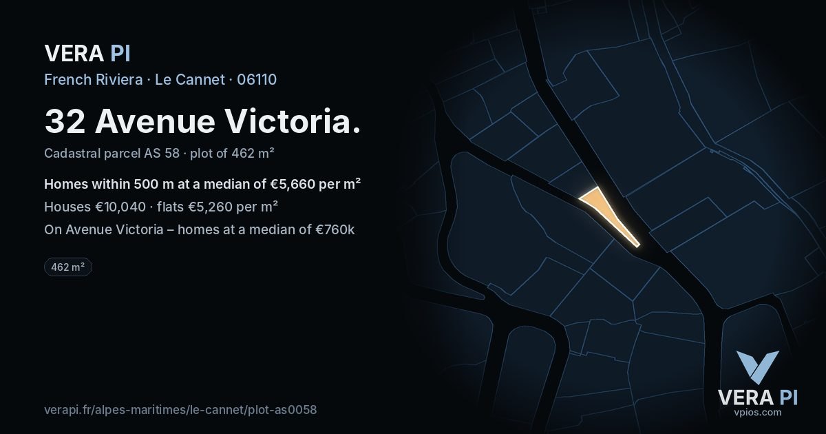 32 Avenue Victoria, Le Cannet at night – the plot lit, the parcels around coloured by the prices near them
