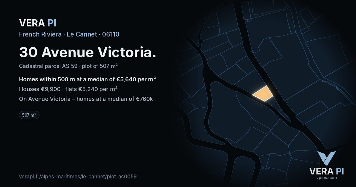 30 Avenue Victoria, Le Cannet at night – the plot lit, the parcels around coloured by the prices near them
