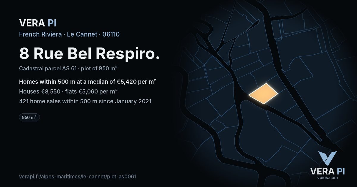 8 Rue Bel Respiro, Le Cannet at night – the plot lit, the parcels around coloured by the prices near them