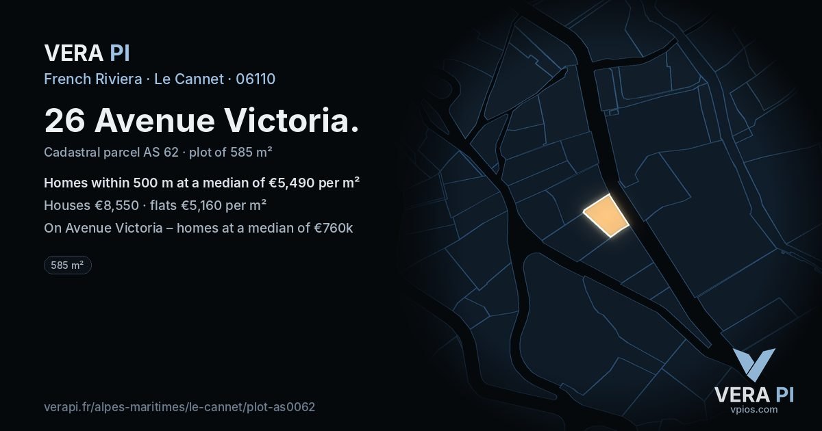 26 Avenue Victoria, Le Cannet at night – the plot lit, the parcels around coloured by the prices near them