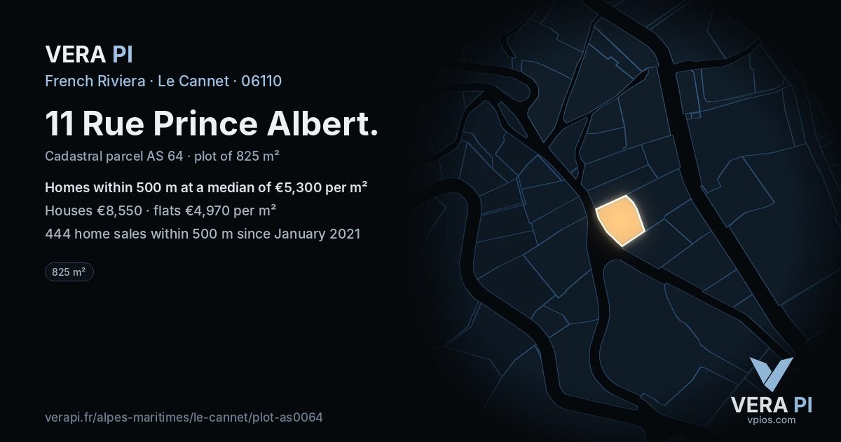 11 Rue Prince Albert, Le Cannet at night – the plot lit, the parcels around coloured by the prices near them