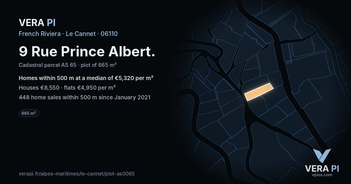 9 Rue Prince Albert, Le Cannet at night – the plot lit, the parcels around coloured by the prices near them
