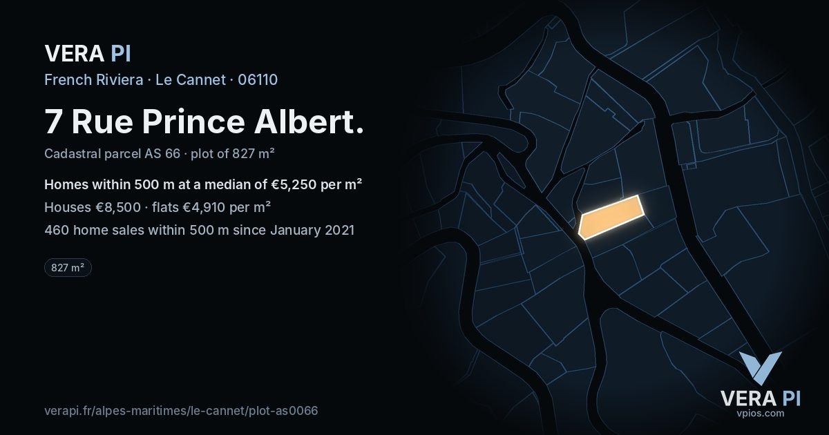 7 Rue Prince Albert, Le Cannet at night – the plot lit, the parcels around coloured by the prices near them