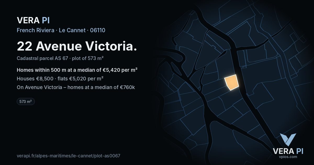 22 Avenue Victoria, Le Cannet at night – the plot lit, the parcels around coloured by the prices near them