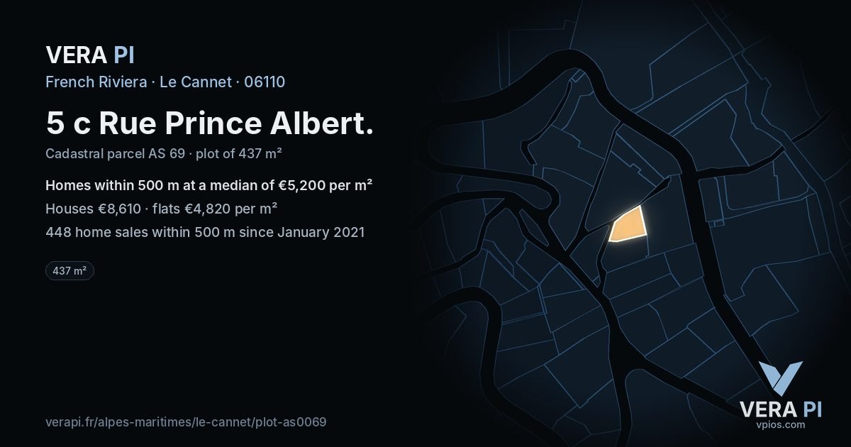 5 c Rue Prince Albert, Le Cannet at night – the plot lit, the parcels around coloured by the prices near them