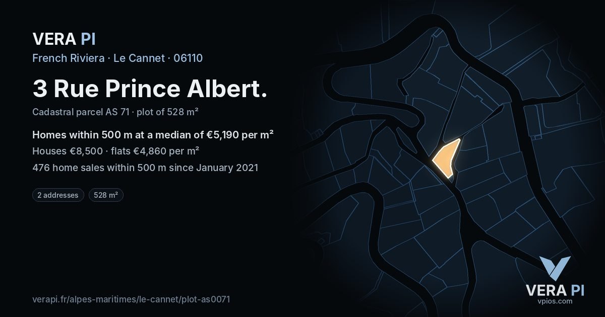 3 Rue Prince Albert, Le Cannet at night – the plot lit, the parcels around coloured by the prices near them