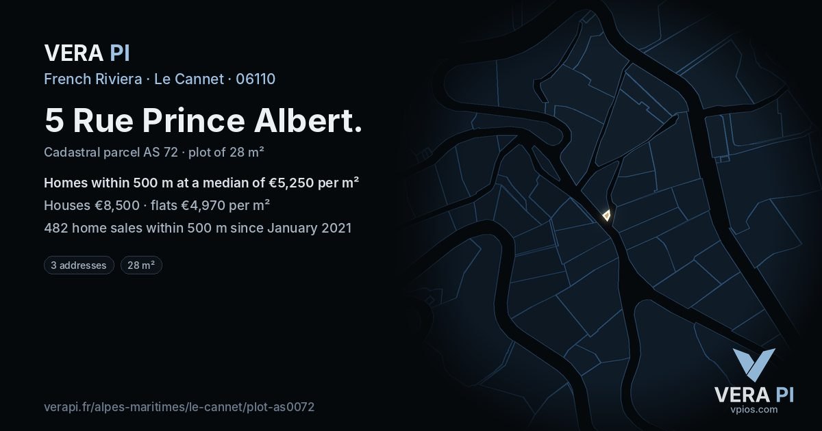 5 Rue Prince Albert, Le Cannet at night – the plot lit, the parcels around coloured by the prices near them