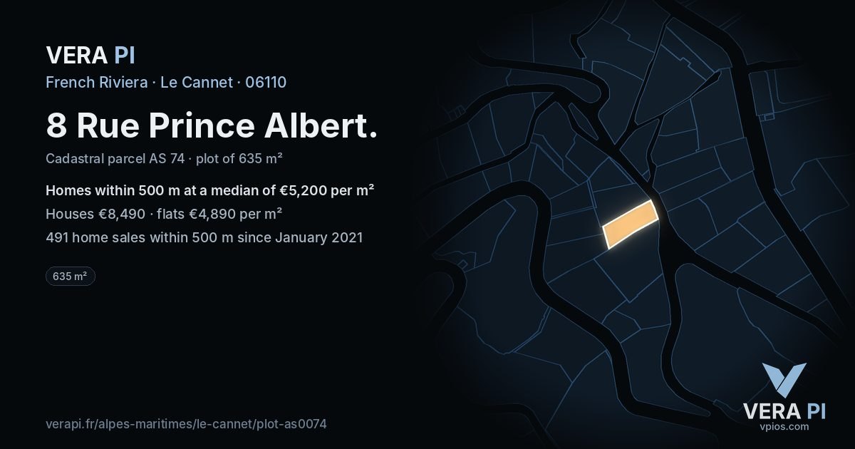 8 Rue Prince Albert, Le Cannet at night – the plot lit, the parcels around coloured by the prices near them