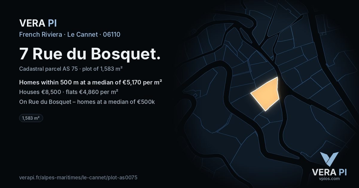 7 Rue du Bosquet, Le Cannet at night – the plot lit, the parcels around coloured by the prices near them